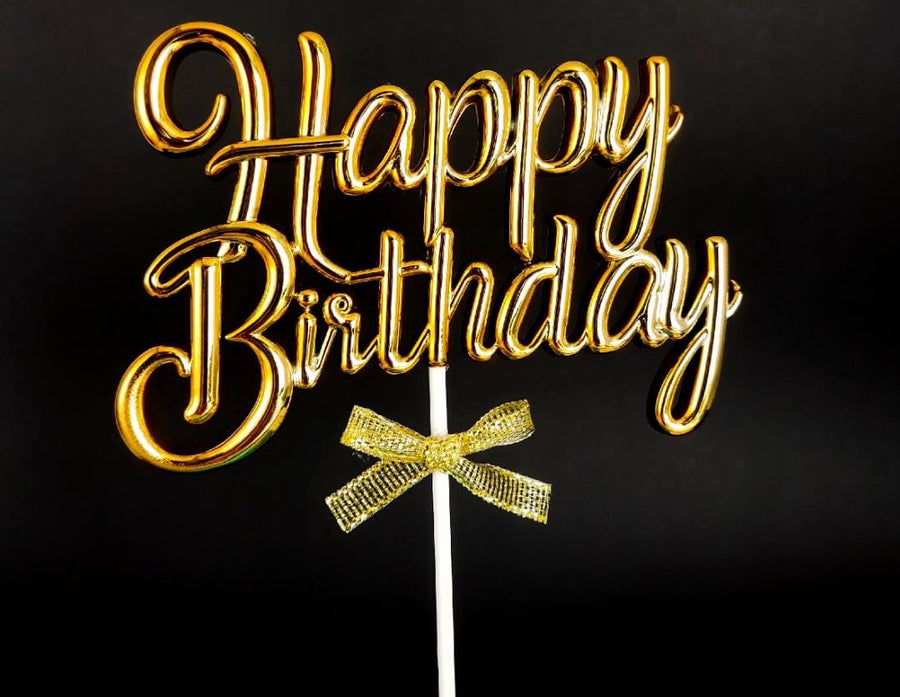 Happy Birthday Cake Topper -Large(Gold with Ribbon) - SK Homemade Cakes---